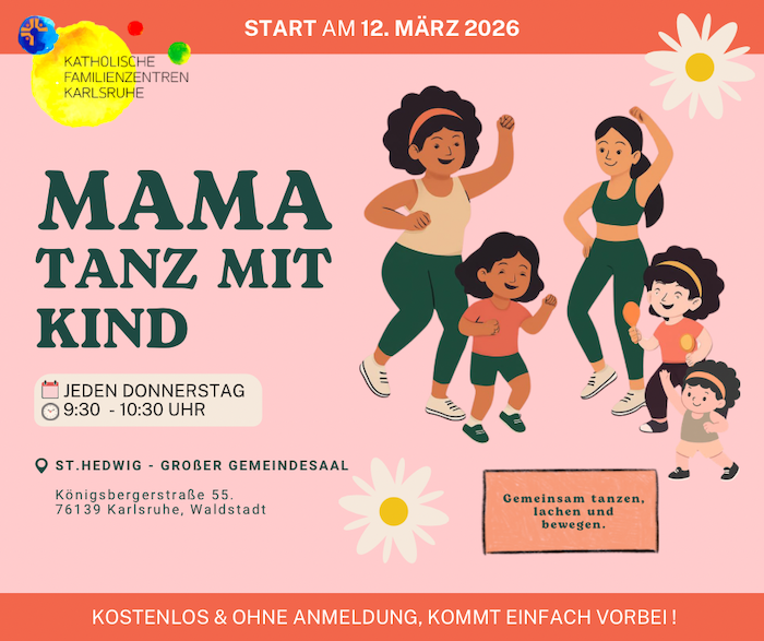 Eine Grafik zeigt 3 Kinder und 2 Frauen, die beschwingt tanzen. Die Angaben auf dem Plakat entsprechen den Terminen